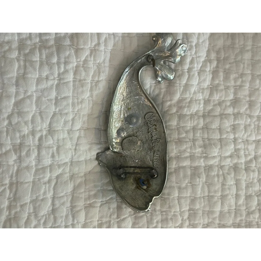 Vintage Christopher Ross 1985 Silver Fish Belt Buckle Blue Eye Signed Art Deco